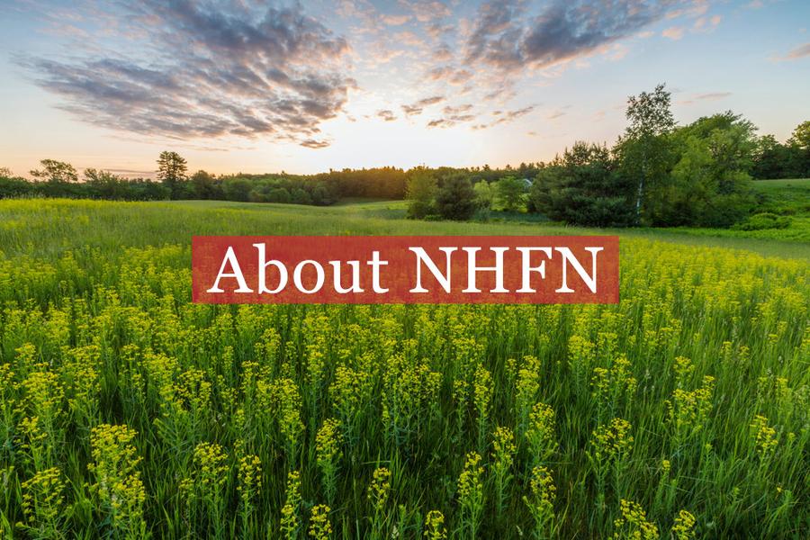 About New Hampshire Farms Network text overlaying sunset field