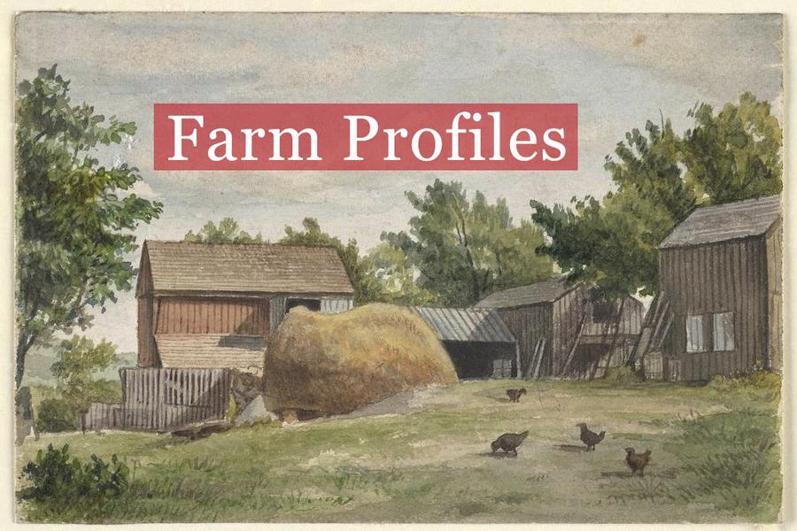 Farm Profiles text overlaying farmhouse illustration